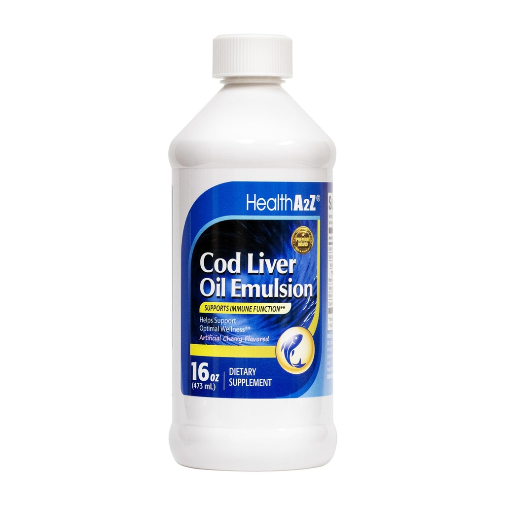 HealthA2Z® Cod Liver Oil with Vitamins A, D, and E, Supports Immune System, Healthy Heart*, Brain*, Joint*, and Eye Health*, Cherry Flavor, Easy-to-Take, 16oz (473ml)