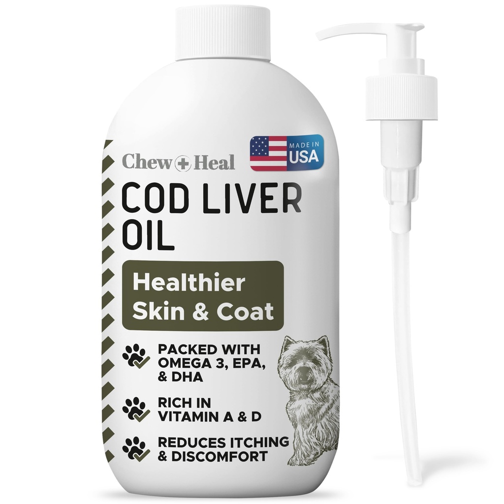 Pure Cod Liver Oil for Dogs - 16 oz - Contains Omega 3, Omega 6, Vitamin A, and Vitamin D to Reduce Itching and Promote Skin and Coat, Heart, Joint, and Immune Health - Pump Cap Bottle