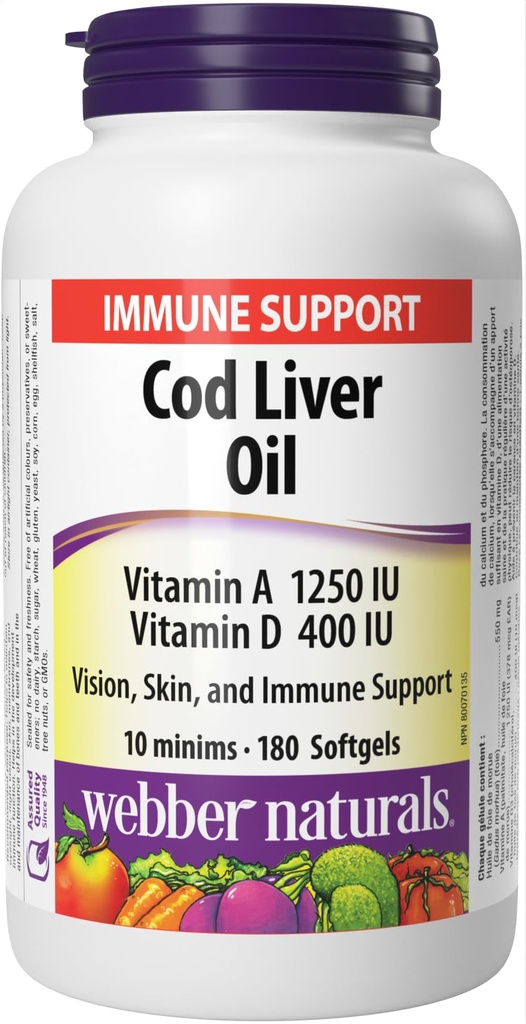 Webber Naturals Cod Liver Oil 1250 IU/100 IU · Vitamin A and D, 180 Softgels