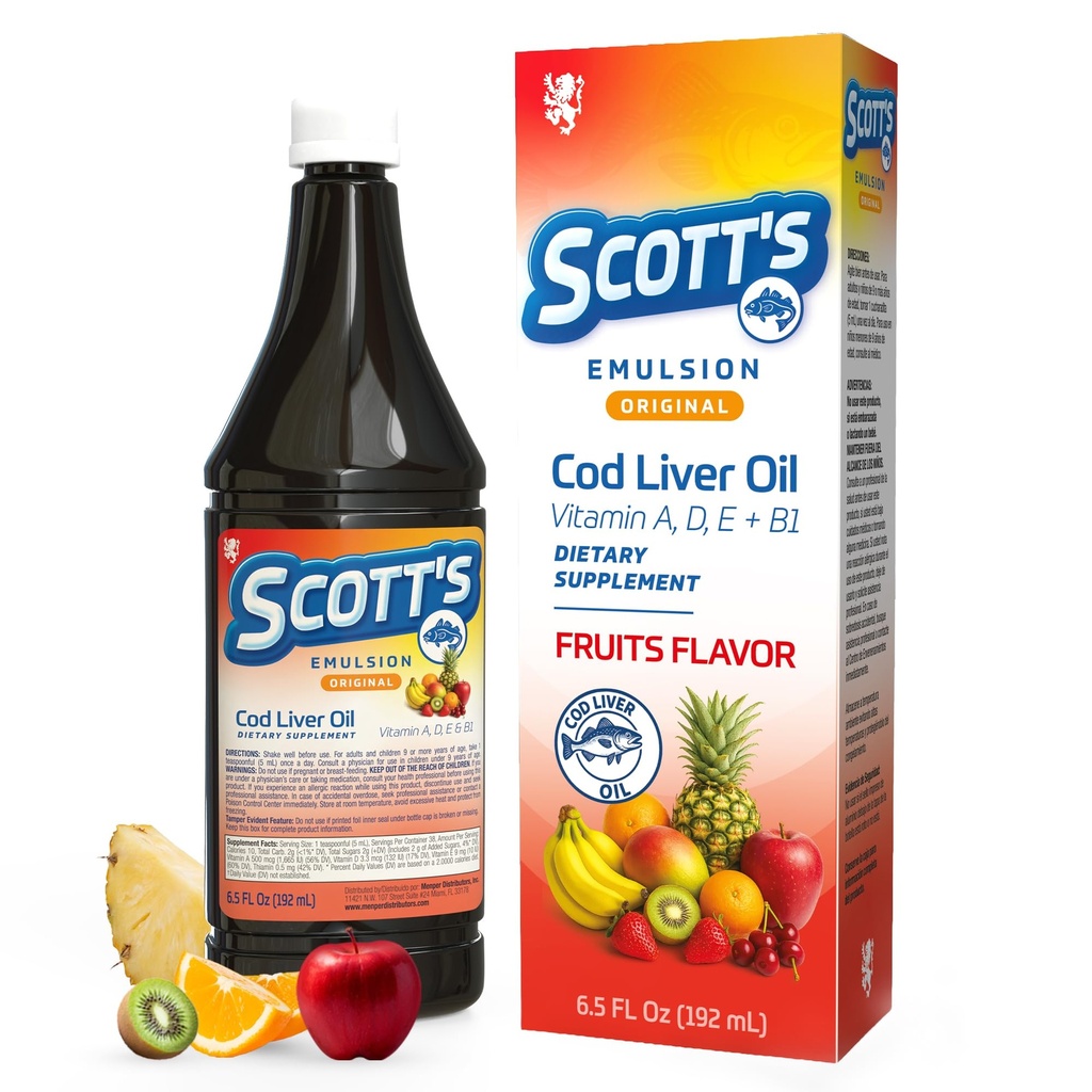 SCOTT'S EMULSION Cod Liver Oil Liquid for Kids – Fruits Flavor – Supports Growth, Immunity & Bone Health – Rich in Omega 3 & Vitamins A+D – Easy-to-Take Fish Oil – 6.5 Fl Oz