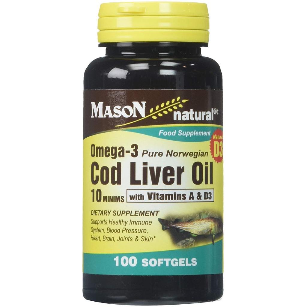 Mason Natural Omega-3 Cod Liver Oil with Vitamin a and D3 Food Supplement Softgels - 100 Ea