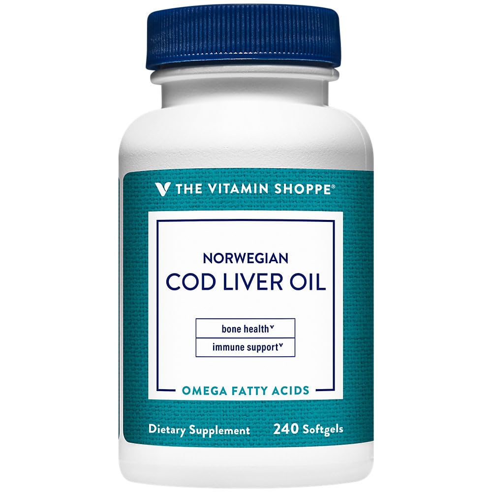The Vitamin Shoppe Norwegian Cod Liver Oil, Natural Rich Source of Vitamins A & D, Natural Source of Omega-3s, Supports Heart & Brain Health (240 Softgels)