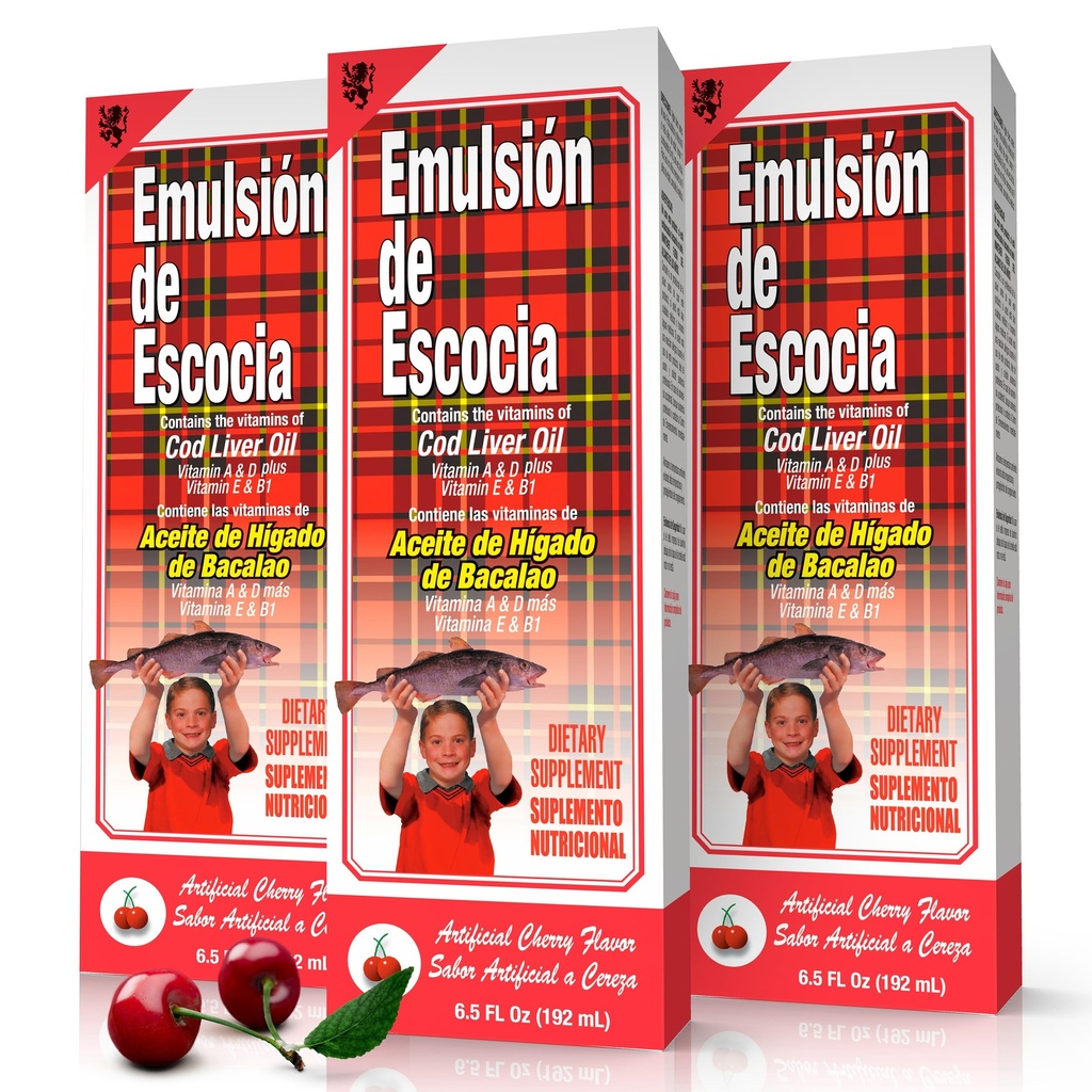 Emulsion de Escocia Cod Liver Oil Liquid with Vitamins A, D, E & B1, Omega-3 Fish Oil Supplement for Kids & Adults, Supports Immune & Bone Health, Cherry Flavor, 6.5 Fl Oz Bottles, 3-Pack
