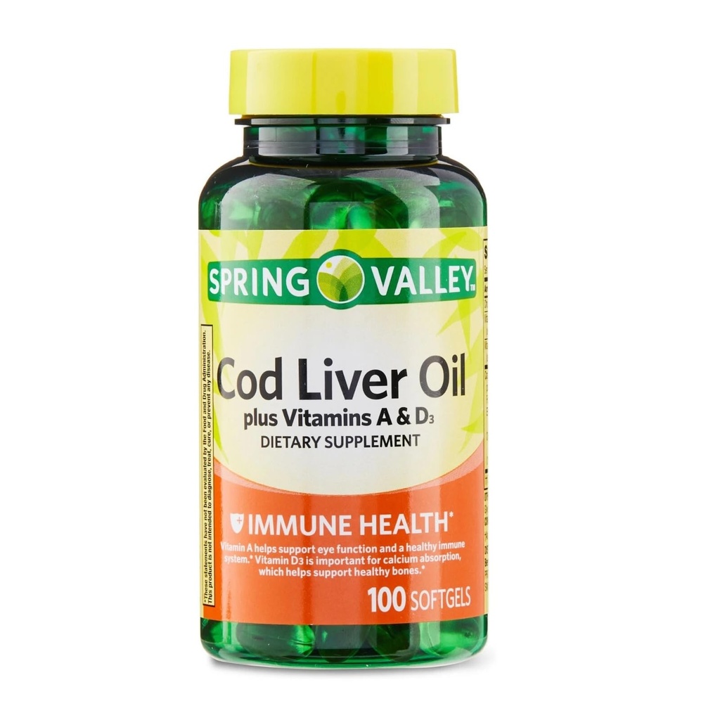 Cod Liver Oil Plus Vitamins A & D3, 100 Softgels - Dietary Supplement (Pack of 1)
