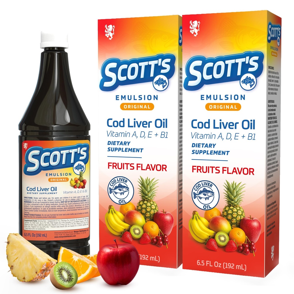 SCOTT'S EMULSION Original Cod Liver Oil Liquid for Kids, Fruits Flavor, Rich in Omega 3 Fish Oil, Vitamin D, A, E, B1 for Growth, 2-Pack, 6.5 Fl Oz