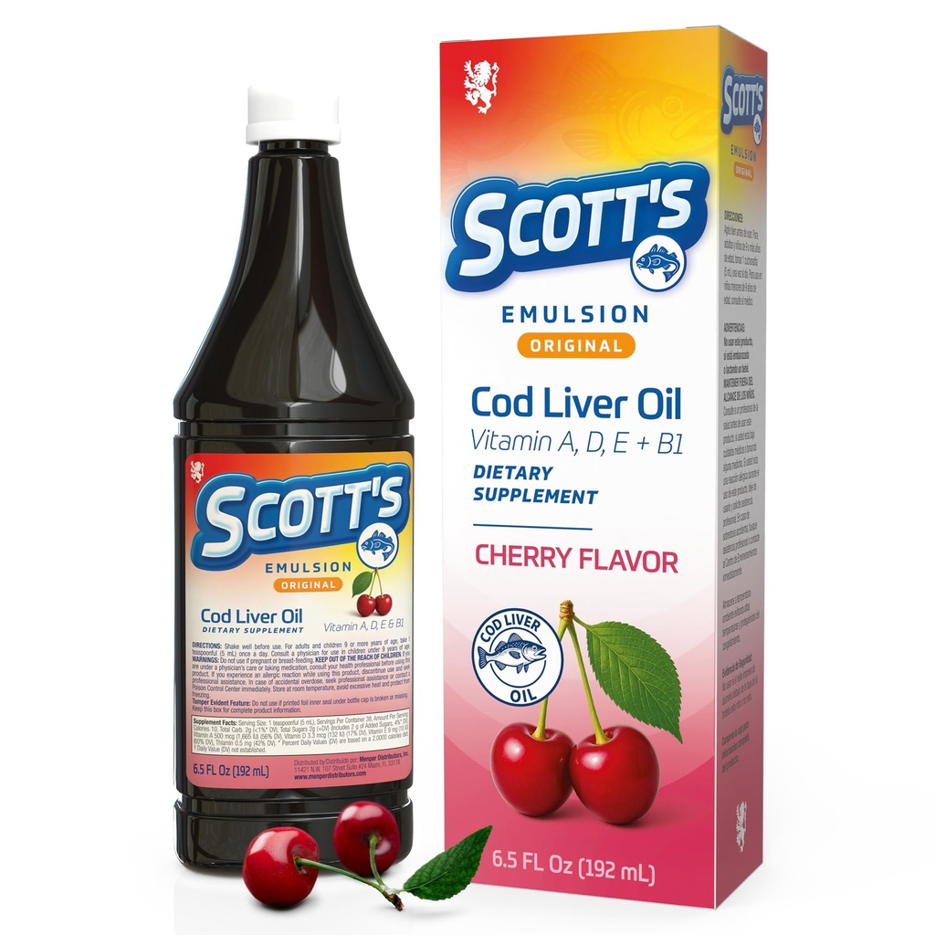 SCOTT'S EMULSION Cod Liver Oil Liquid for Kids – Cherry Flavor – Supports Growth, Immunity & Bone Health – Rich in Omega 3 & Vitamins A+D – Easy-to-Take Fish Oil – 6.5 Fl Oz