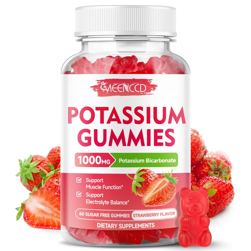 Potassium Gummies, Potassium Bicarbonate Supplement for Adults & Kids, Potassium Supplement for Electrolyte Balance & Muscle Heath, Sugar-Free, Strawberry Flavor, 60 Count
