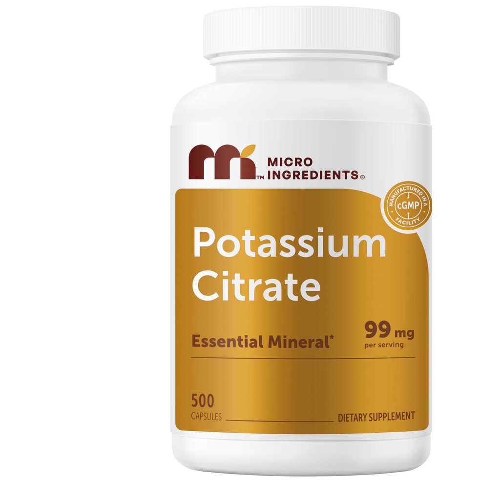 Micro Ingredients Potassium Citrate 99 mg Per Serving, 500 Capsules | 1 Year Supply | Daily Mineral Supplement | Non-GMO, Gluten Free, Soy Free