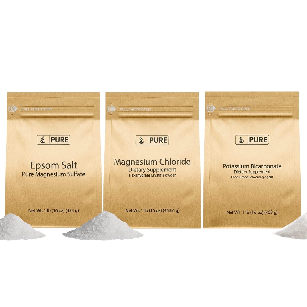 Pure Original Ingredients Potassium Bicarbonate, Magnesium Chloride, & Epsom Salt Bundle, (1lb) Food Safe, Cleaning & Cooking