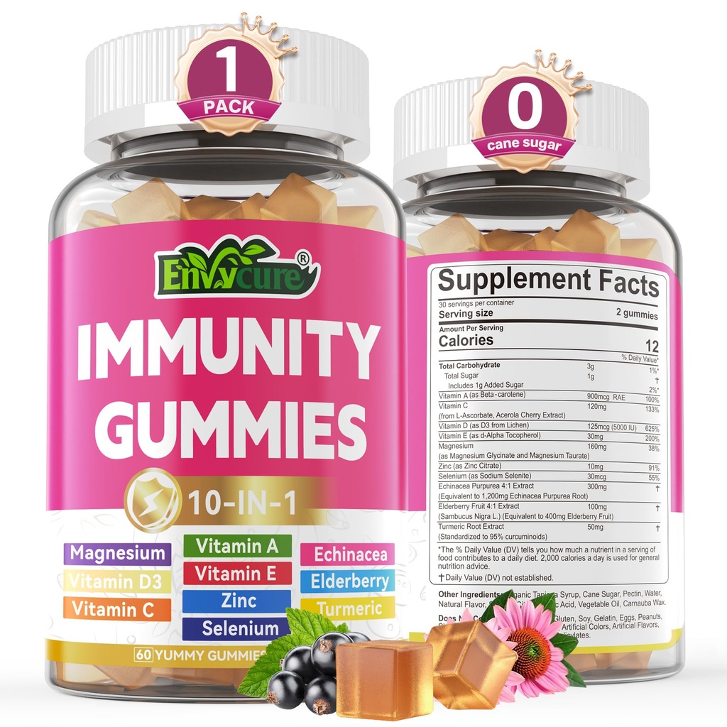 10 in 1 Immune Support Supplement Gummies, w/Echinacea, Elderberry Vitamin C and Zinc, Selenium, Vitamin D3 5000IU, Magnesium, Daily Immune Booster Multivitamin, for Antioxidant Bone Energy, 1 Pack