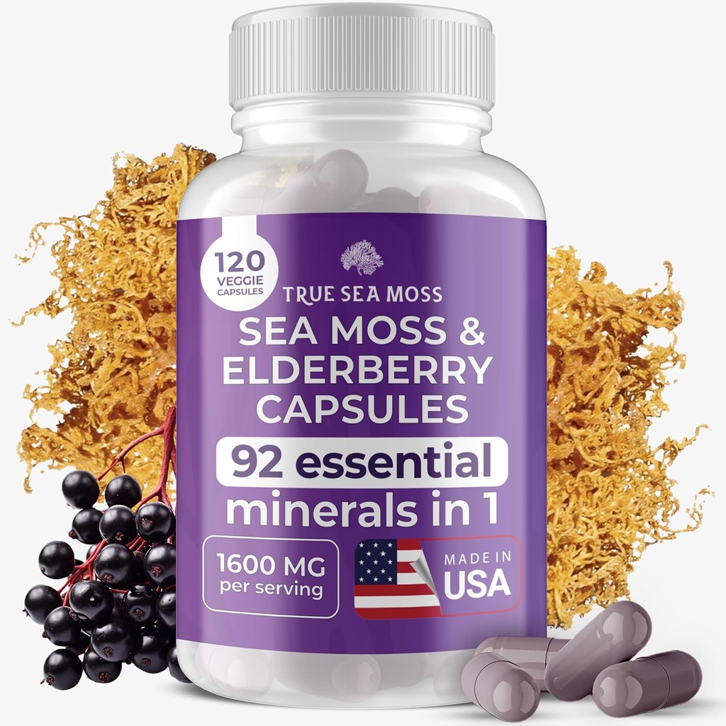 TrueSeaMoss Irish Sea Moss Capsules - 120 Elderberry Capsules (1600mg) - Prebiotisk Superfood - Boosts Immune & Digestive System - Hälsosam hud, Keto Detox, Gut, Joint Support