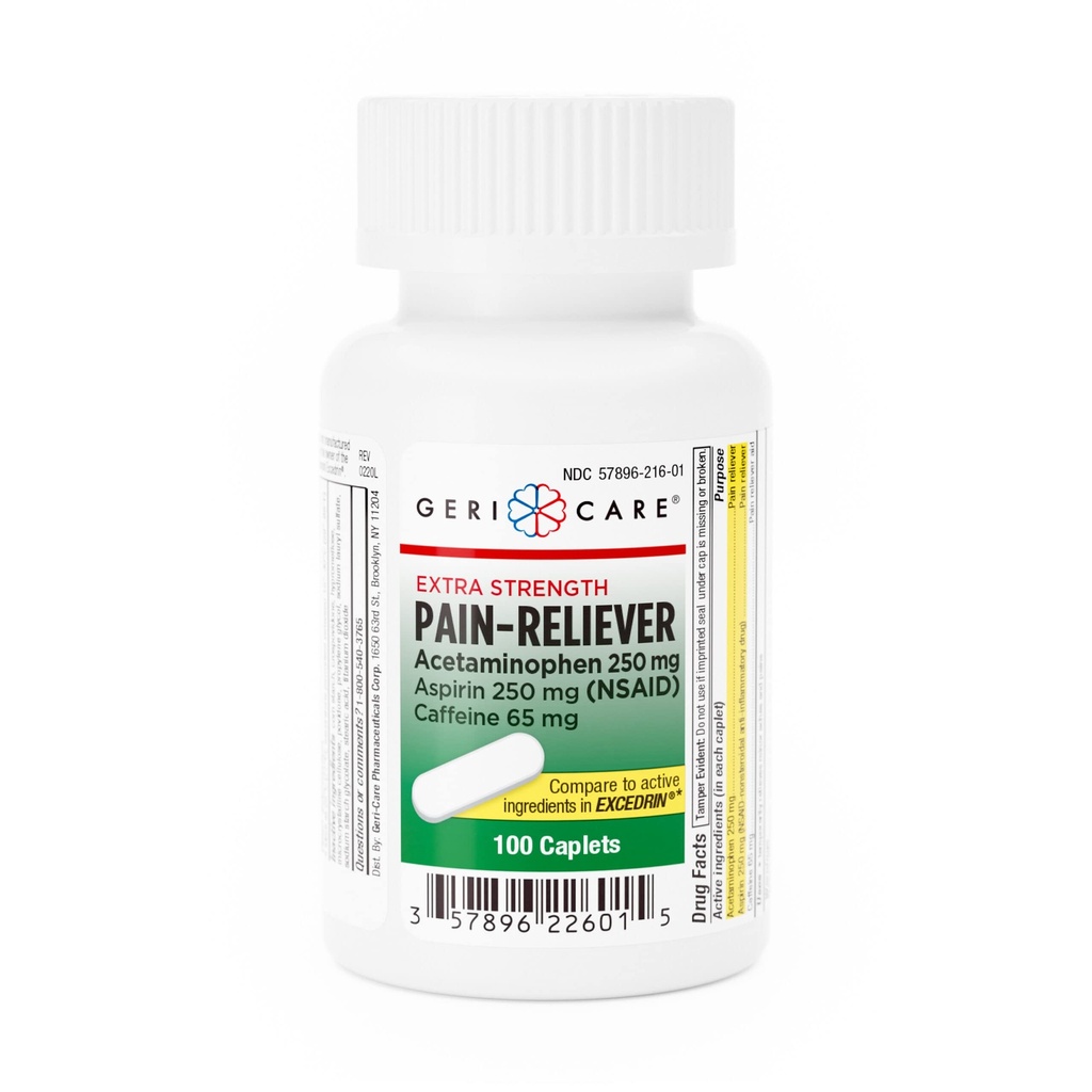 GeriCare Pain Reliever Extra Strength Caplets – 100 Count – Acetaminophen 250mg, Aspirin 250mg (NSAID), Caffeine 65mg – Powerful Triple-Action Formula for Headaches, Migraines & Minor Aches