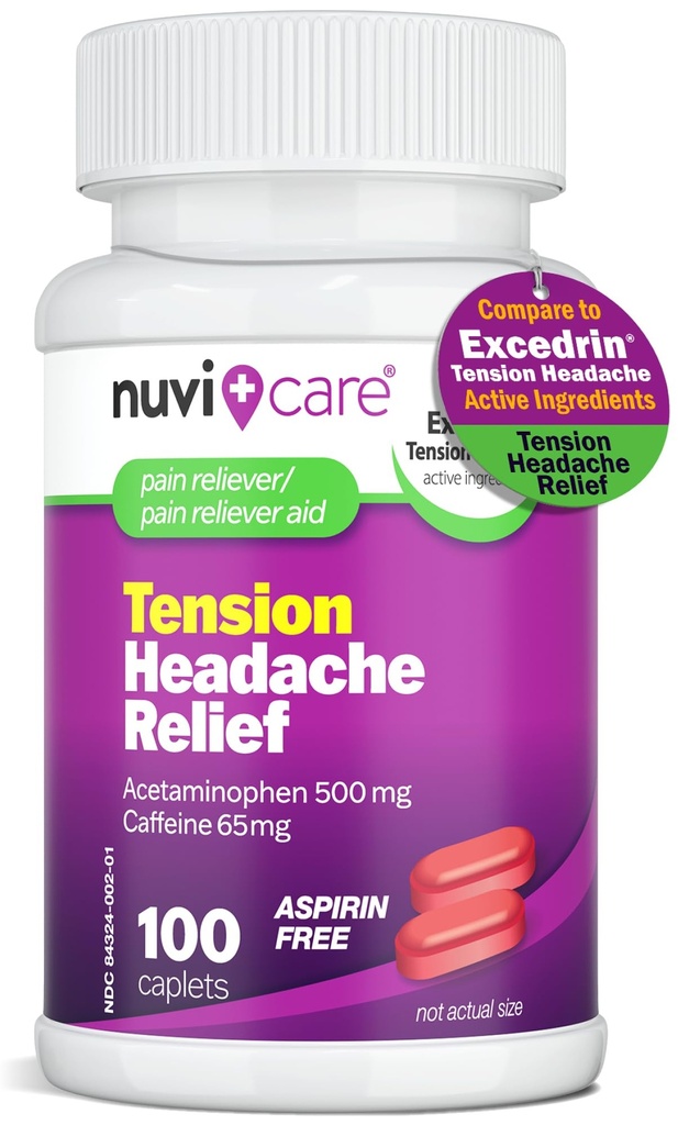Nuvicare Tension Headache Relief Pills with 500mg Acetaminophen and 65mg Caffeine - Non Aspirin Pain Reliever Aid - Compare to Active Ingredient in Aspirin Free Excedrin Tension Headache (100 Caplets)
