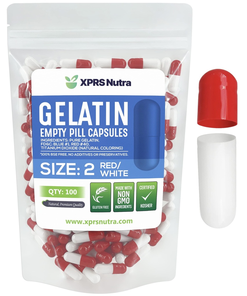XPRS Nutra Size 2 Empty Capsules - 100 Count Empty Gelatin Capsules - Pills DIY Capsule Filling - Pure Bovine Pill Gel Caps for Do-It-Yourself Supplements (Red/White)