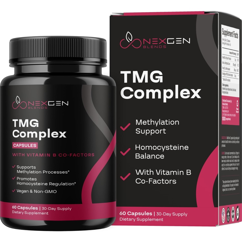 TMG Trimethylglycine Supplement with Methyl B Complex - 500mg Betaine TMG Supplement with Methylated Vitamin B Co Factors for Homocysteine Heart & Liver Support - Vegan & Non-GMO (1 Month Supply)