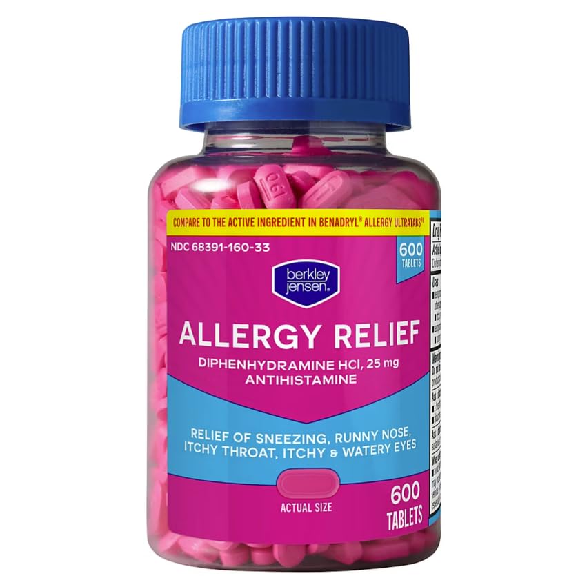 Berkley Jensen Allergy Relief Tablets - 25mg Diphenhydramine HCI - Allergy Medicine for Sneezing, Itchy Throat, Watery Eyes, and Runny Nose - Easy-Swallow Mini Tablets - 600 Count - Gluten Free