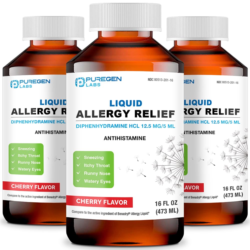 Puregen Labs Allergy Relief Oral Solution, Diphenhydramine HCl 12.5mg/5 mL, Antihistamine, Cherry Flavor, 16 Ounces 3 Pack