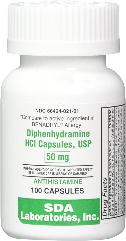 SDA LABORATORIES Diphenhydramine 50mg, Allergy Relief, Antihistamine Capsules, Fast-Acting Formula for Sneezing, Runny Nose & Itchy Eyes – 100 Count (1 Pack)