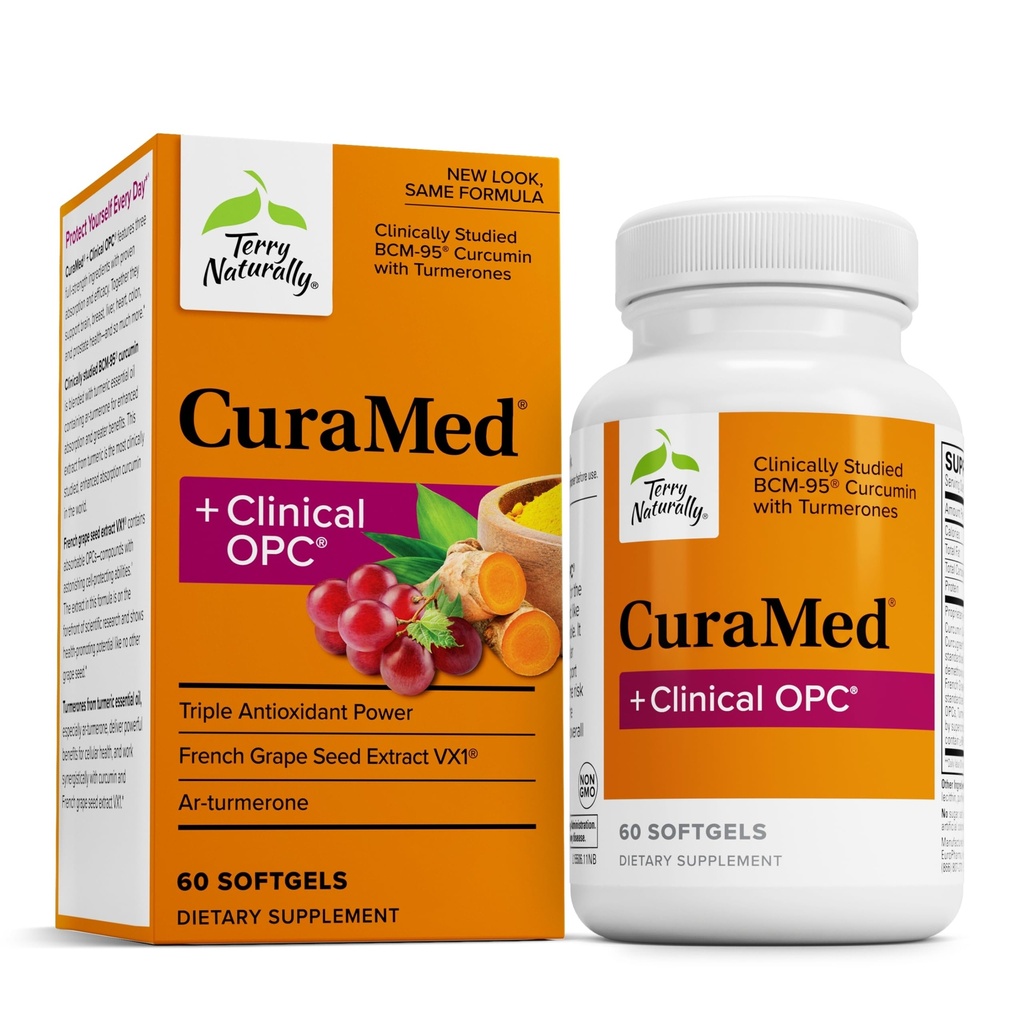 Terry Naturally CuraMed + OPC - 60 Softgels - BCM-95 Curcumin & French Grape Seed VX1 Supplement, Supports Brain, Heart, Colon, Breast, Prostate & Liver Health - Non-GMO, Gluten-Free - 30 Servings