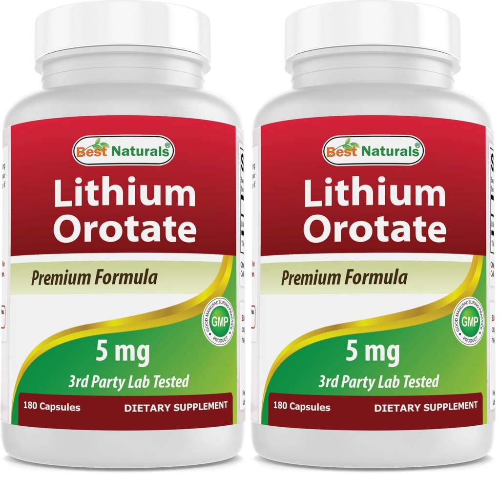 Best Naturals Lithium Orotate 5 mg 180 Capsules - Non GMO - Gluten Free (Pack of 2)