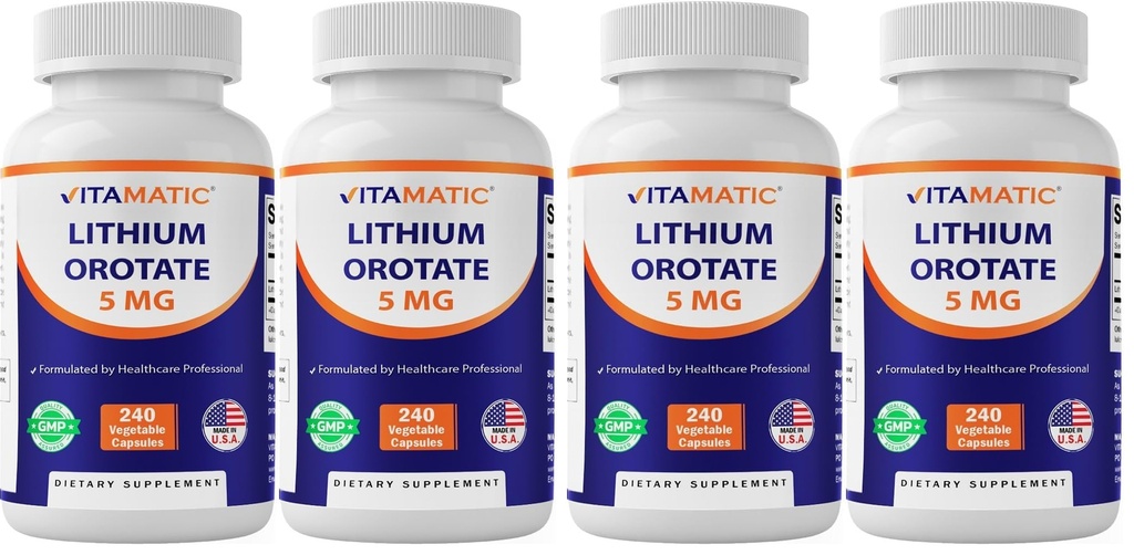 Vitamatic Lithium Orotate 5mg, 240 Veggie Capsules, Non-GMO, Gluten Free. - 4 Pack