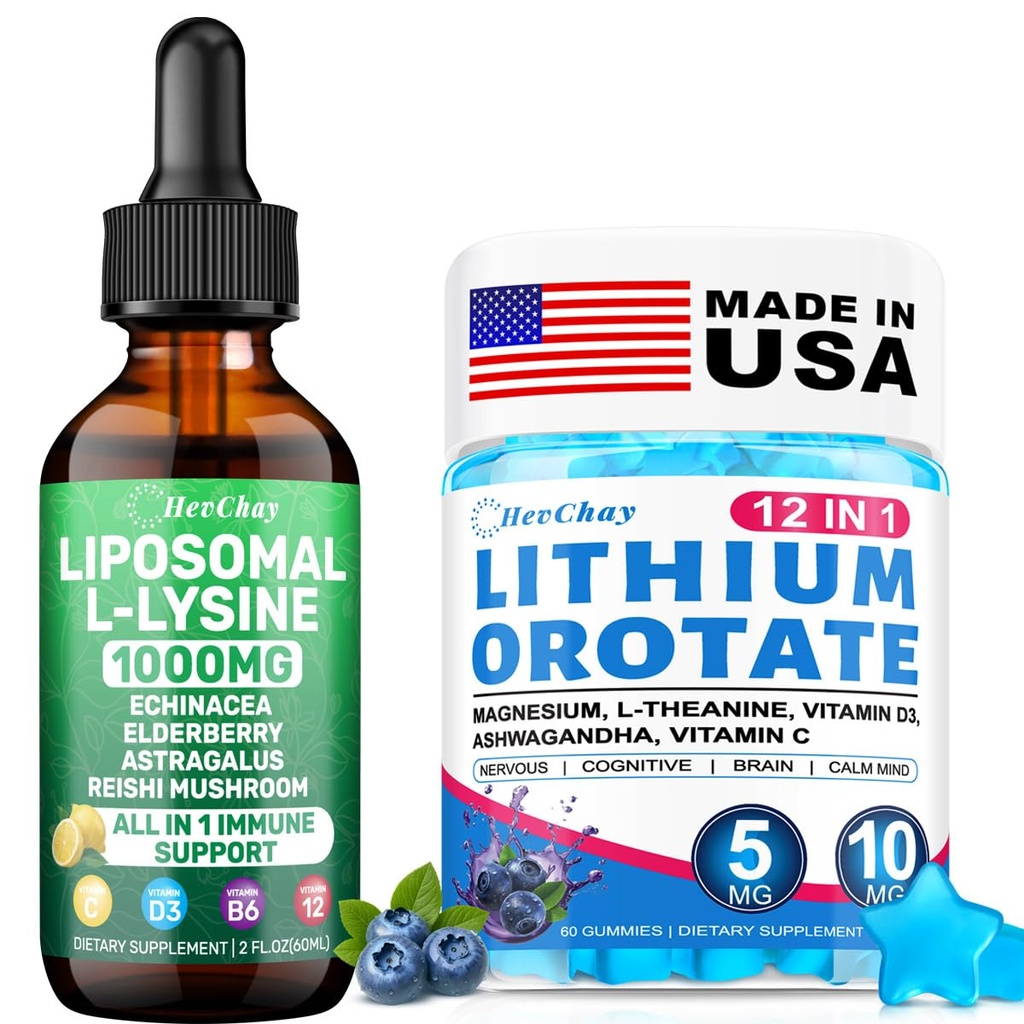 Liposomal L-Lysine Liquid + Lithium Orotate Gummies Bundle | Immune Support & Cognitive Health Supplement Combo for Adults & Kids