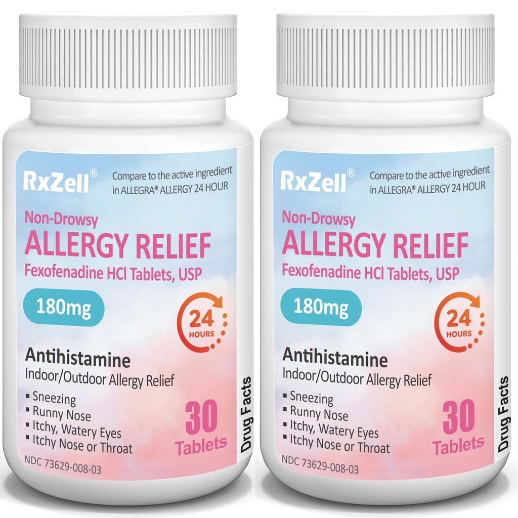 RXZELL Allergy Relief | Fexofenadine HCl 180mg, 24-Hour Antihistamine, Non-Drowsy (30 Count (Pack of 2))