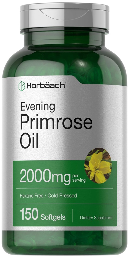 Horbäach Evening Primrose Oil Softgels | 2000 mg | 150 Pills | Cold Pressed, Hexane Free Supplement with GLA | Non-GMO, Gluten Free