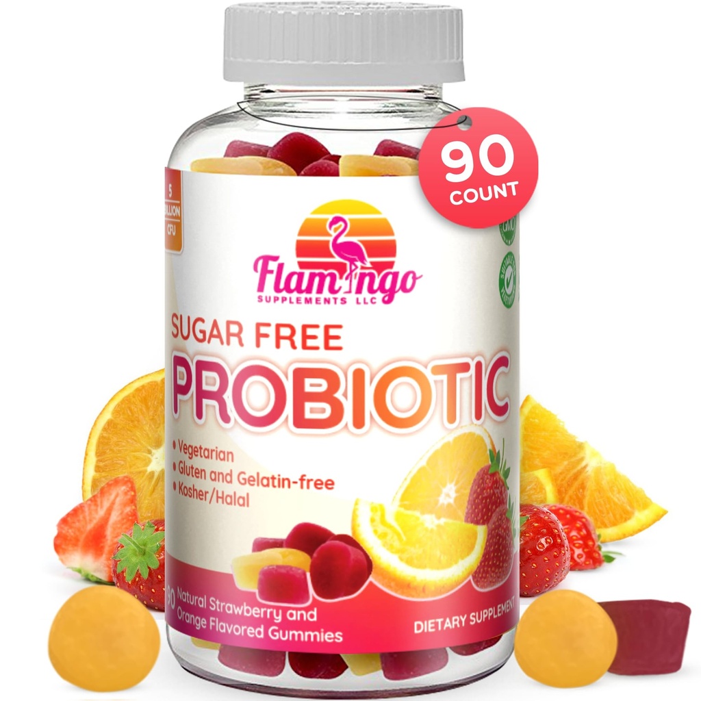 Flamingo Supplements Sugar-Free Probiotic Gummies (3 Billion CFU) – Kosher, Halal & Vegan – Digestive Support for Women, Men & Kids – 90 Count
