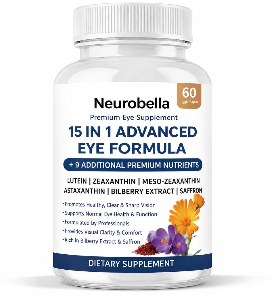 Neurobella Eye Formula - Neurobella 15 in 1 Advanced Eye Formula with All 3 Carotenoids, Lutein & Zeaxanthin, Bilberry Extract and Saffron, 60 Capsules