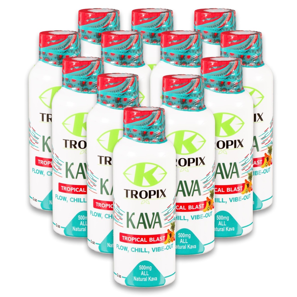 K TROPIX Kava Shot – Tropical Calm in a Bottle - 500mg Kava Root Extract Liquid Shot - Alcohol-Free Natural Relaxation Drink for Stress Relief, Social Ease & Daily Unwind - 12 Pack