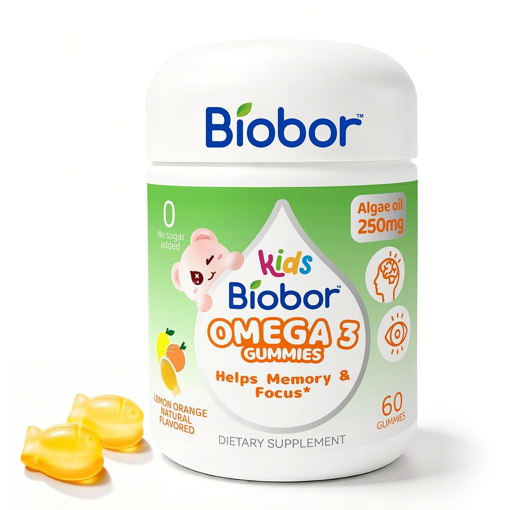 Biobor Omega-3 Gummies for Kids & Adults(4+), Algal Oil DHA Gummies, Supports Brain, Eye & Immune Health, GMP Certified & COA Tested, No Sugar Added, Gluten Free, Non-GMO, Lemon Orange 60 Count