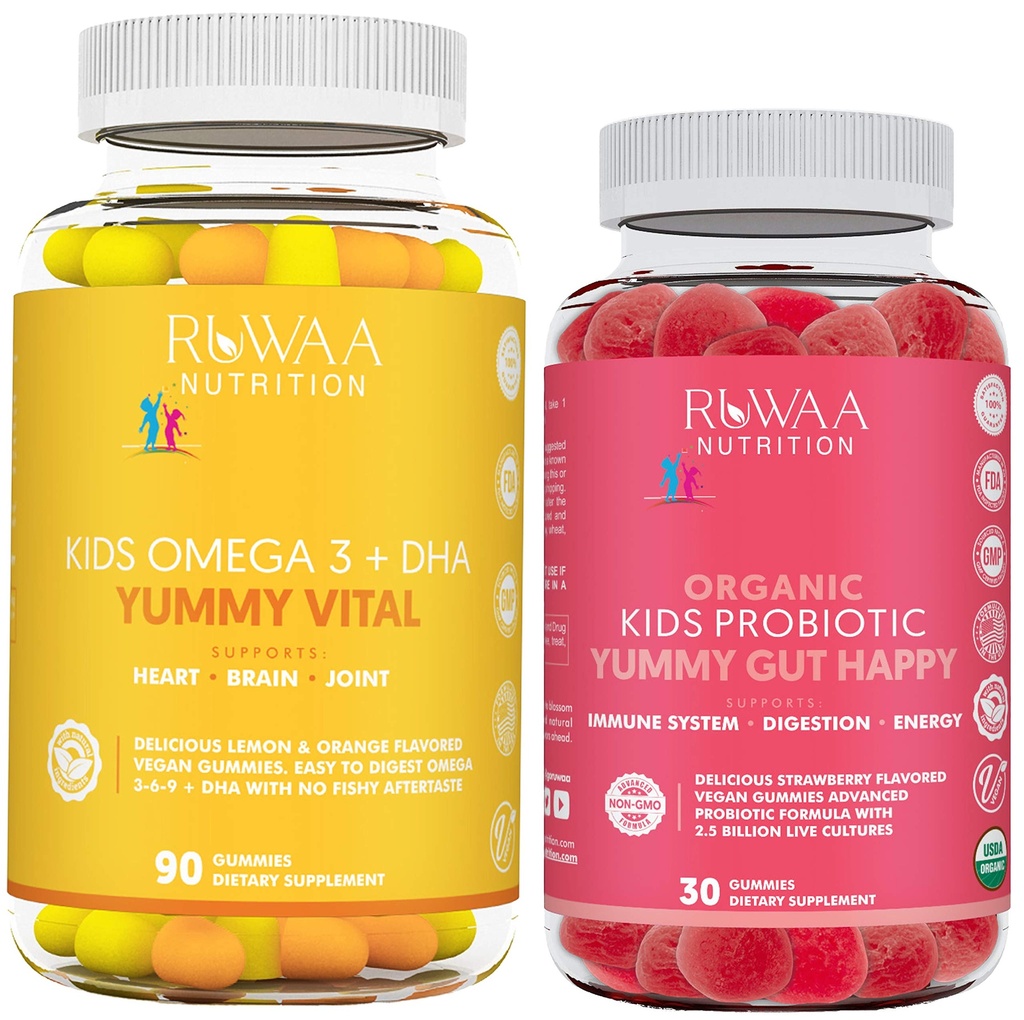 RUWAA NUTRITION Kids Nootropic Digestive Gummies with Organic Probiotics, Prebiotic and Plant Based Omega 3,6,9 DHA