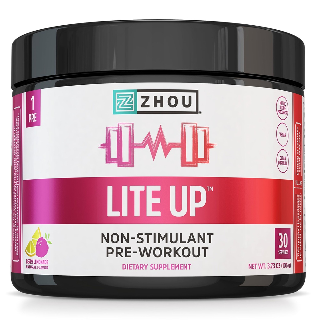 ZHOU Lite Up - Non Stim Powder, Nitric Oxide Precursor, Stim Free Supplement for Men & Women, Caffeine Free Boost, Clean Formula - Berry Lemonade Flavor, 7.5 oz Jar (30 Scoops)