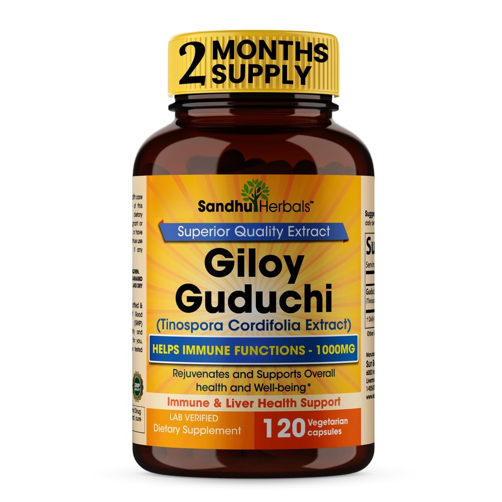 SANDHUHERBALS Organic Giloy (Guduchi) Powder Herbal 120 Vegetarian Capsules for Men & Women | Natural Herbal Supplement for Immune Support, Energy, and Digestion | Manufactured in USA