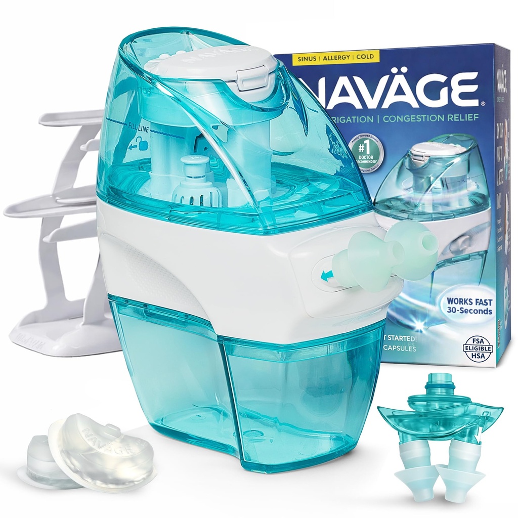 Navage® Nasal Irrigation System Premium Bundle, Nasal Rinse, Congestion Relief, 30 Seconds Sinus Cleaner w/ 90 SaltPods. 2 Nose Docks, 4 Pillows & Batteries, Powered Sinus Rinse System ($155+ Value)
