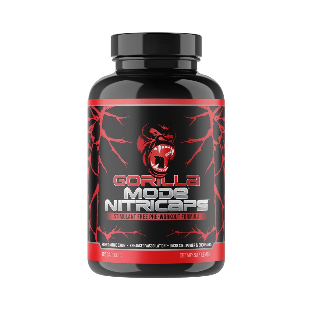 Gorilla Mode® Nitricaps™ - Stimulant Free Pre-Workout Capsules - Massive Pumps · Vasodilation · Performance - Nitrosigine®, Agmatine Sulfate, VasoDrive-AP®, Electrolytes / 120 Capsules
