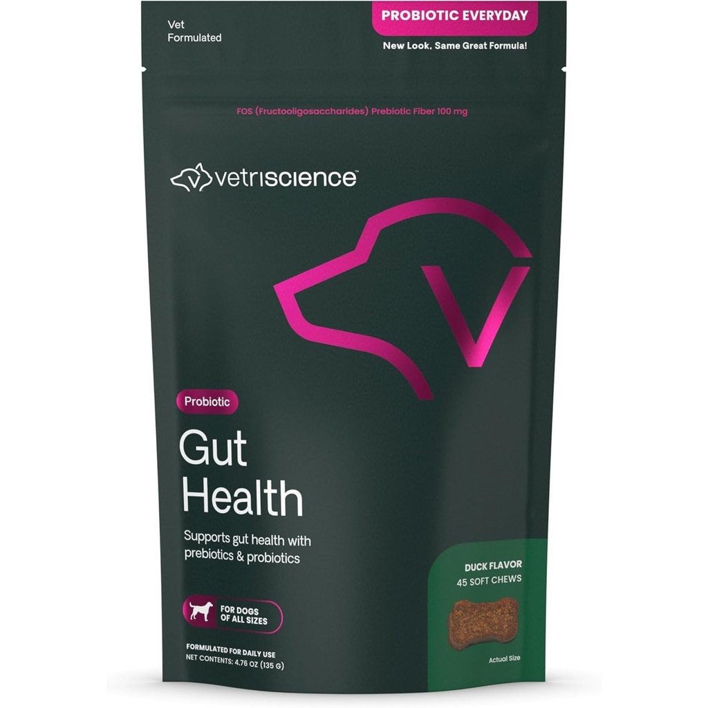 VetriScience Gut Health Chews, Probiotic Everyday Digestive Supplement for Dogs, Pet Probiotics for Digestion Support, Gas and Diarrhea, Immune Support, 1 Billion CFU Per Chew, Duck, 45 Count