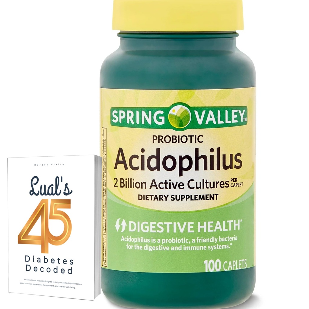 Spring Valley Acidophilus Supplement, Probiotics for Women & Men, Supports Digestive Health, 100 Count 2 Billion Active Cultures for a Healthy Digestive System Bundle with Luall's 45 Diabetes Decoded