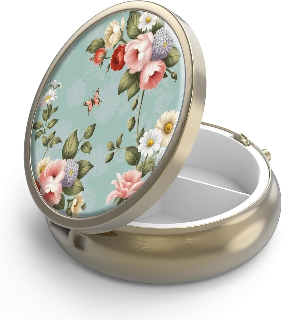 Pill Case Pill Box with Mirror Retro 3 Compartment Small Pill Case for Purse or Pocket Bronze Small Roud Pill Box or Vitamins, Fish Oil, Supplements, Pill Containe Travel Gifts( Floral verde retro)