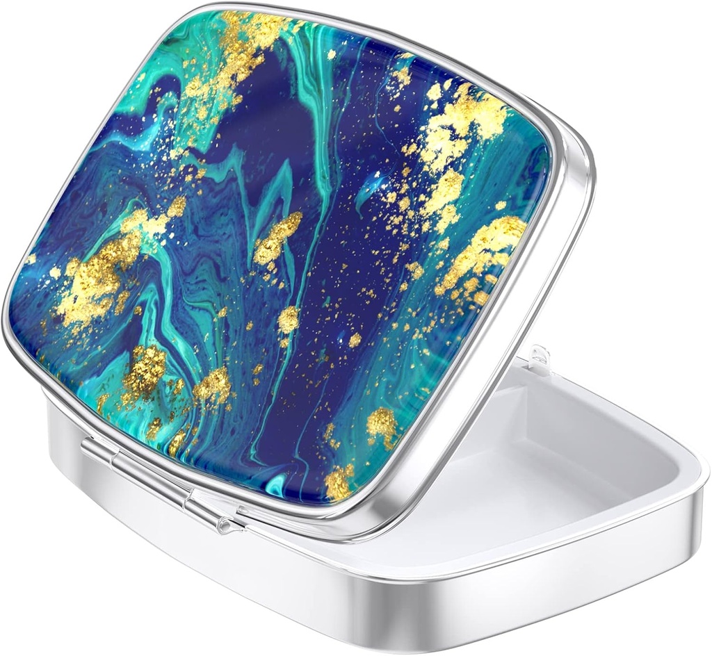 Nipichsha Pill Box, caz de pastila mic pentru Purse & Pocket, Cute Travel Medicine Organizator, Portable Medicine Container Holder to Hold Vitamine, Medicamente, Ulei de pește & Supliment, Ocean Teal Marble