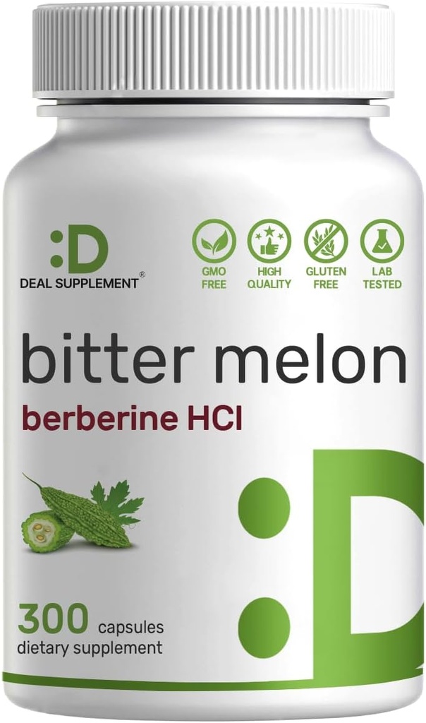 Melón de purpurina con suplemento de bereberina 15,000mg Por ser, 300 cápsulas viv 15:1 Wild Bitter Melon Fruit Extract " Berberine HCL ¦ Third Party Tested  durable Plant Based, Non-GMO