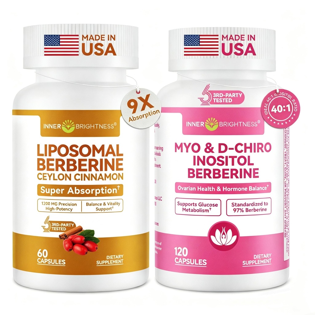 Inner Brightness Liposomal Berberine with Ceylon Cinnamon 1200MG + Inositol Supplement for Women, Myo-Inositol & D-Chiro Inositol 40:1, PCOS Support with Berberine