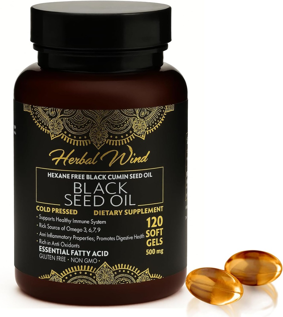 Black Seed Oil Capsules - Cold Pressed 120 Softgels 500mg, Premium Quality Nigella Sativa,100% Pure Black Cumin Seed Oil - Non-GMO (120 count - Pack of 1 Plastic Bottle)