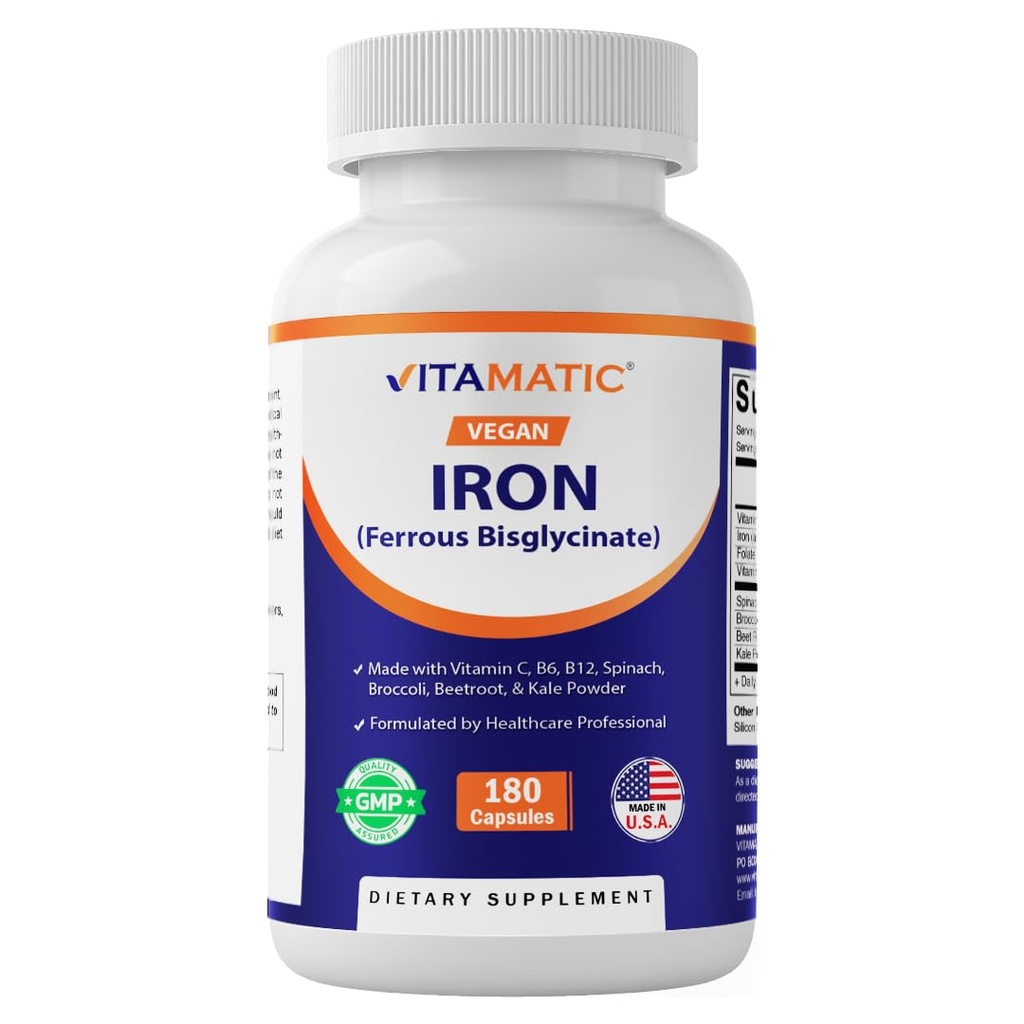 Vitamatic Vegan Iron with Vitamin C, B6, B12 & Folic Acid | Plus Spinach, Broccoli, Beetroot & Kale | 180 Capsules | Non-GMO, Gluten-Free, Sugar-Free | Made in USA