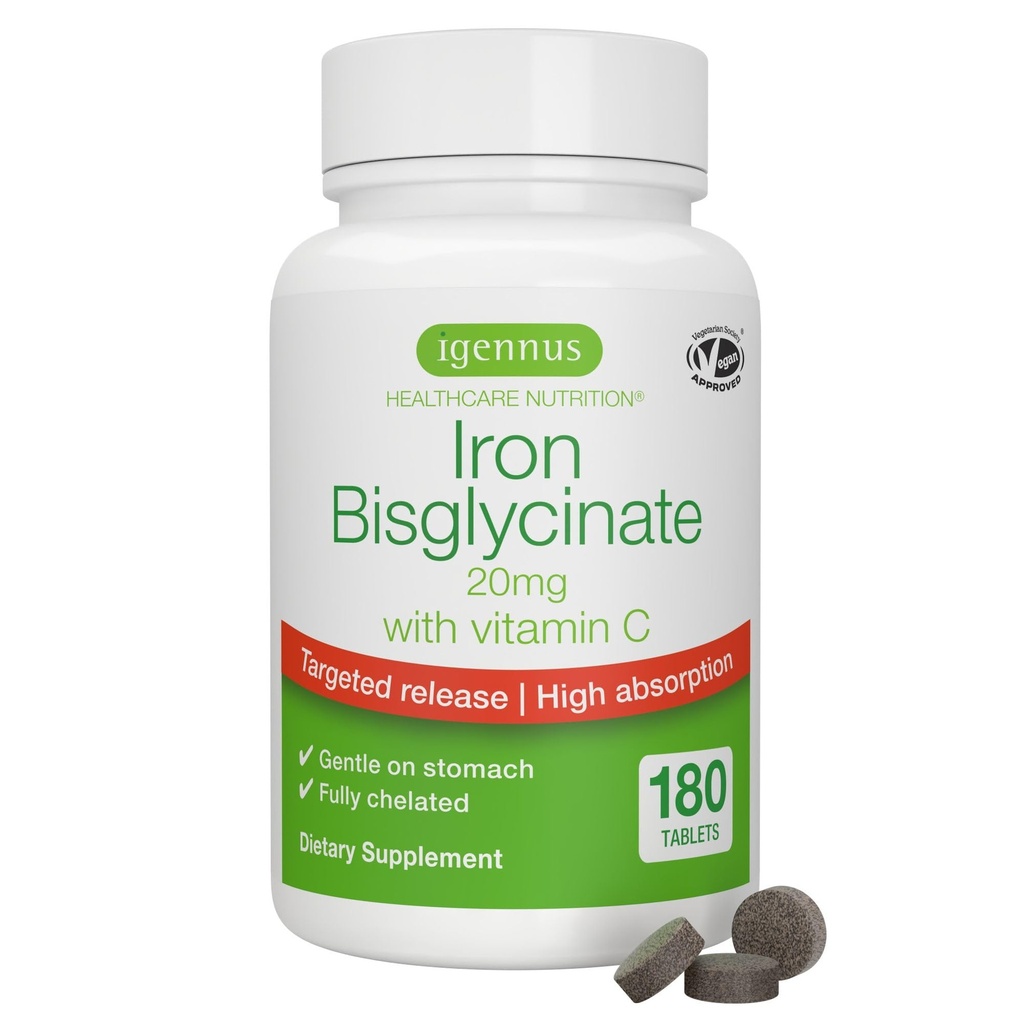 Igennus Clean Iron Bisglycinate 20mg, Vitamin C, 6 Month Supply, Gentle Chelated High Absorption Formula & Targeted Release Ferrous Bisglycinate for Women and Men, One Daily, Vegan, 180 Tablets