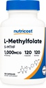 Nutricost Methylfolate 1000mcg, 120 Vegetarian Capsules - Gluten Free, Non-GMO (Methylated Folate)