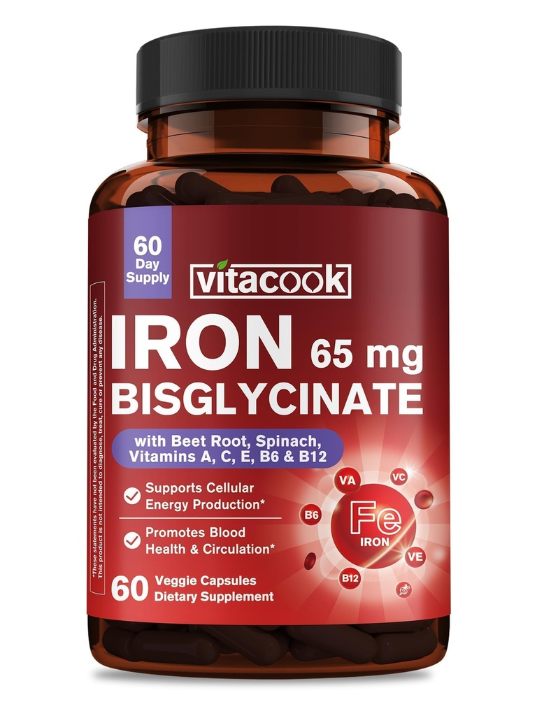 Iron Supplement for Women & Men, 65mg Ferrous Bisglycinate Chelate, Slow Release Iron with Vitamins A C E B6, B12, Folate, Organic Spinach & Beet Root Powder, for Blood Flow & Energy Support, 60 Caps