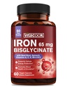 Iron Supplement for Women & Men, 65mg Ferrous Bisglycinate Chelate, Slow Release Iron with Vitamins A C E B6, B12, Folate, Organic Spinach & Beet Root Powder, for Blood Flow & Energy Support, 60 Caps