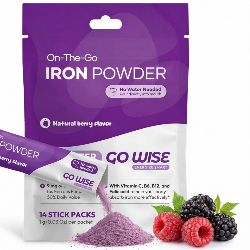 Go Wise Gentle Iron Powder Supplement No Water | with Vitamin C, B6, B12 & Folic Acid | Supports Low Ferritin, No Metallic Taste | Vegan Iron Supplement for Women, Men & Bariatric | 14 Packets